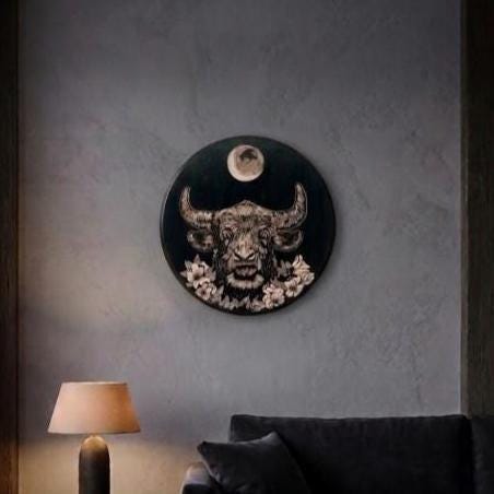 THE SILENT BULL - Hand-Carved Bull Wall Art: Rustic Boho Acrylic Paint Carving