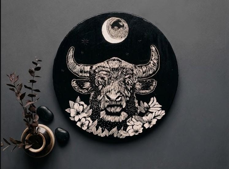 THE SILENT BULL - Hand-Carved Bull Wall Art: Rustic Boho Acrylic Paint Carving