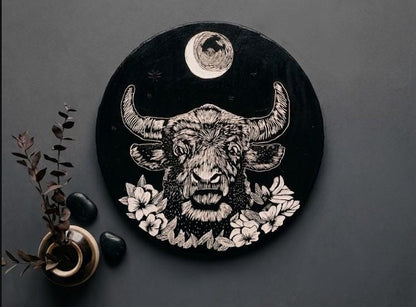 THE SILENT BULL - Hand-Carved Bull Wall Art: Rustic Boho Acrylic Paint Carving