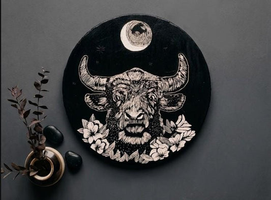 THE SILENT BULL - Hand-Carved Bull Wall Art: Rustic Boho Acrylic Paint Carving