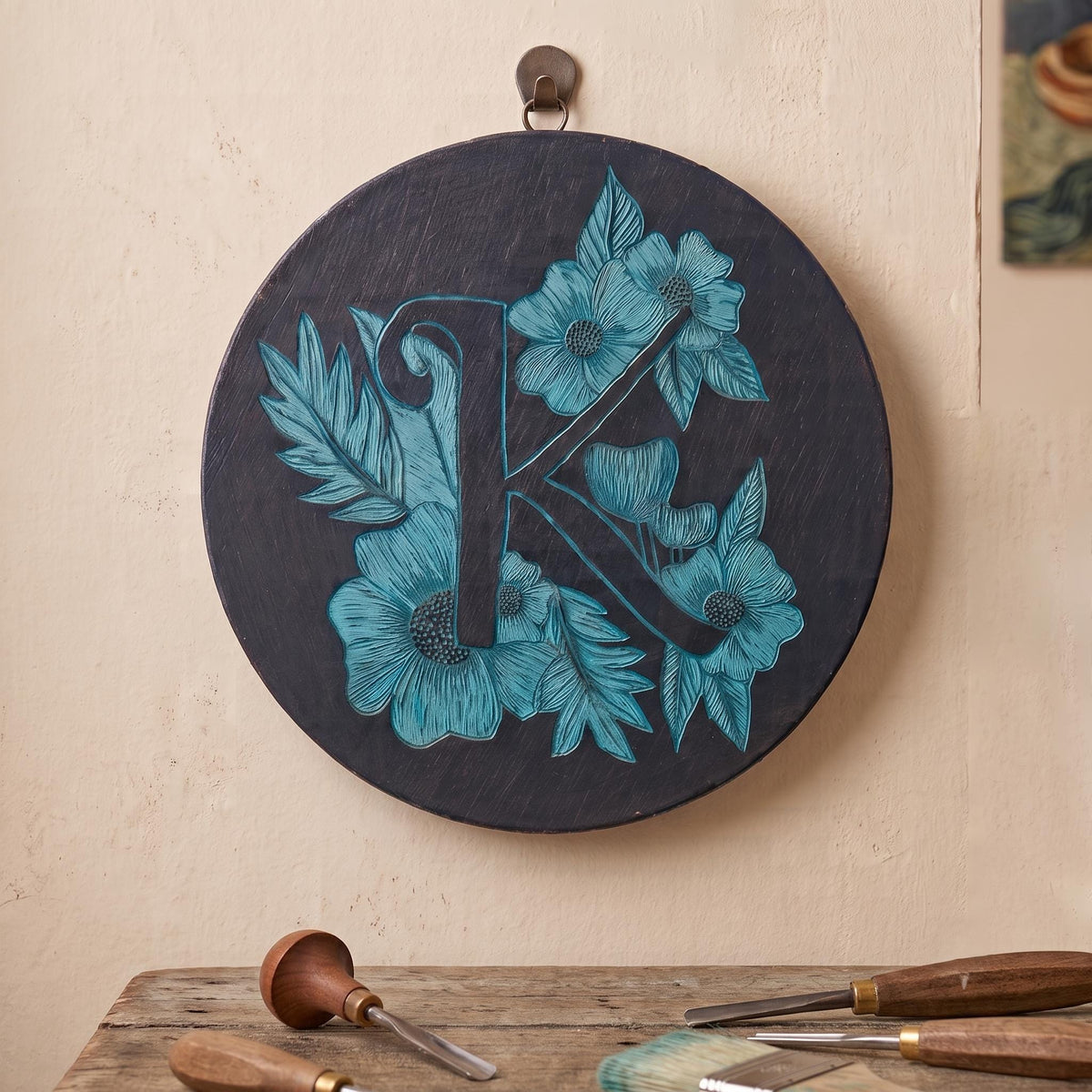 FLORA LETTER  K Wall Art: Handmade Paint Carving