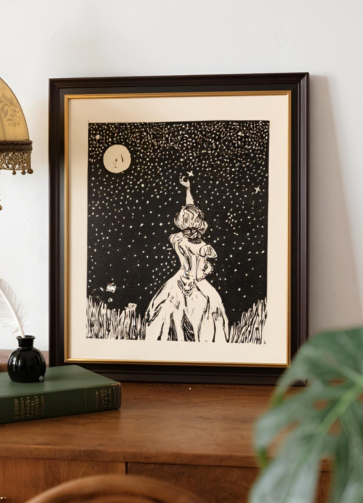 MOONLIT REVERIE | Hand-Carved Linocut Print | Celestial Decor