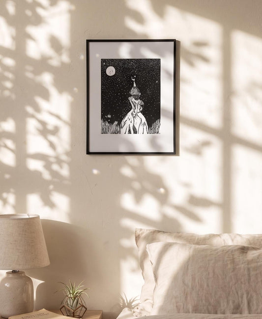 MOONLIT REVERIE | Hand-Carved Linocut Print | Celestial Decor
